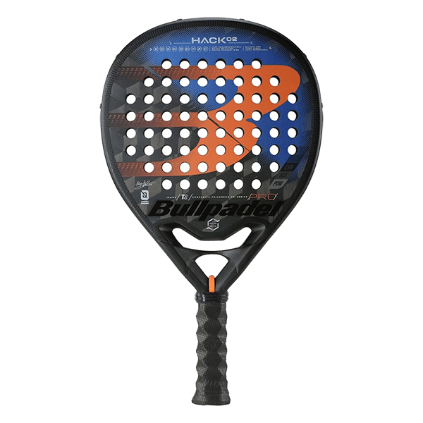 Bullpadel Hack 02 padel racket orange and blue graphic on black